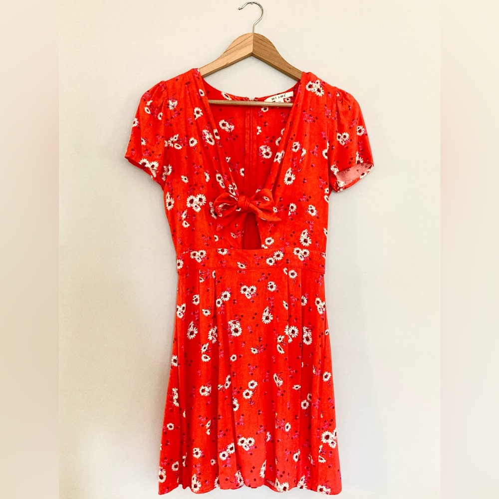 Red floral tie-front mini dress - Size XS